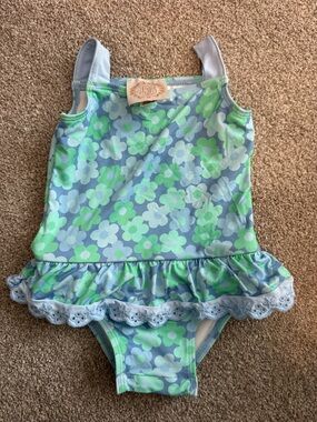 Blue & Green Floral Ruffle Toddler Swimsuit